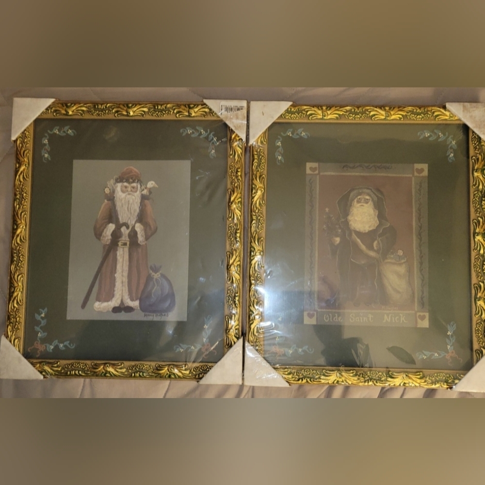 2 Mary Hughes Signed Santa Claus Folk Art Prints 10.5" X 12.5" Gilt Frames New